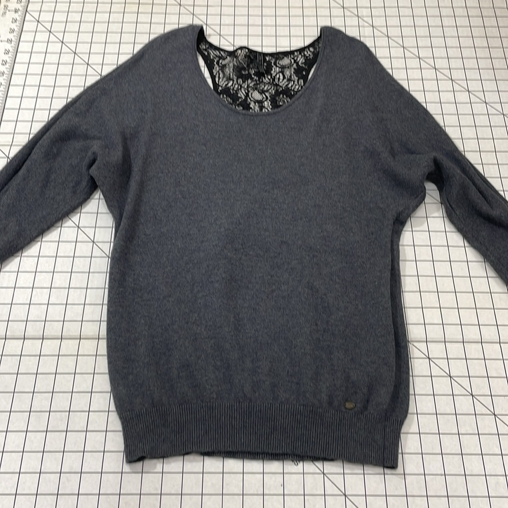 Guess dark gray tunic sweater w scoop neck and black lace back